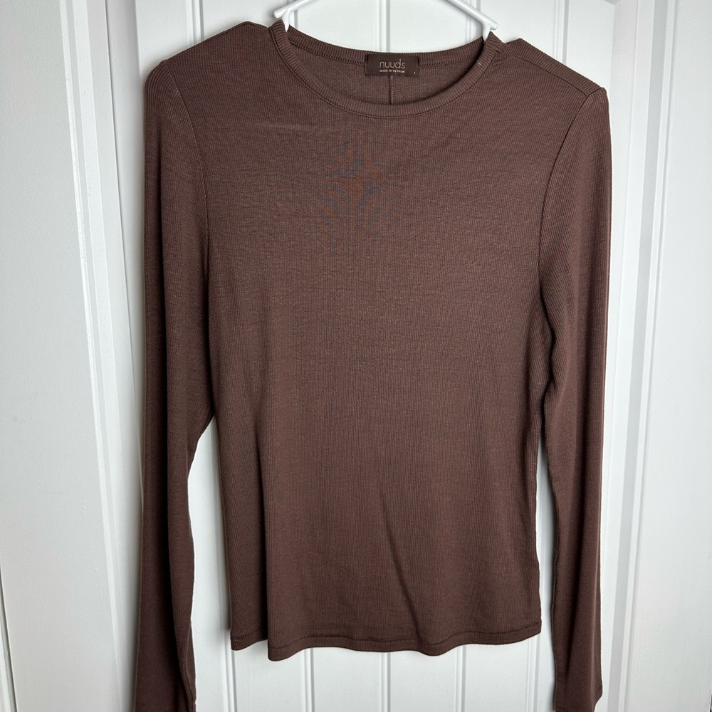 Nuuds Slinky Rib Long Sleeve Ribbed T Shirt Size Large - Coffee - EUC